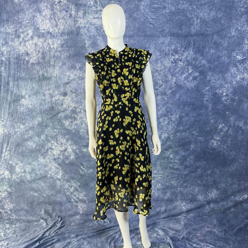 Cupio Lemon Print Midi Dress | Black & Yellow Cottagecore Ruffle | Size M